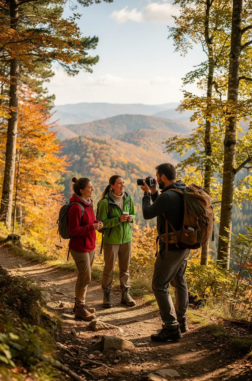 Turistický pár prechádzajúci sa po kľukatých vidieckych cestách, objavujúci kultúru a prírodu Slovenska pomalým tempom.
